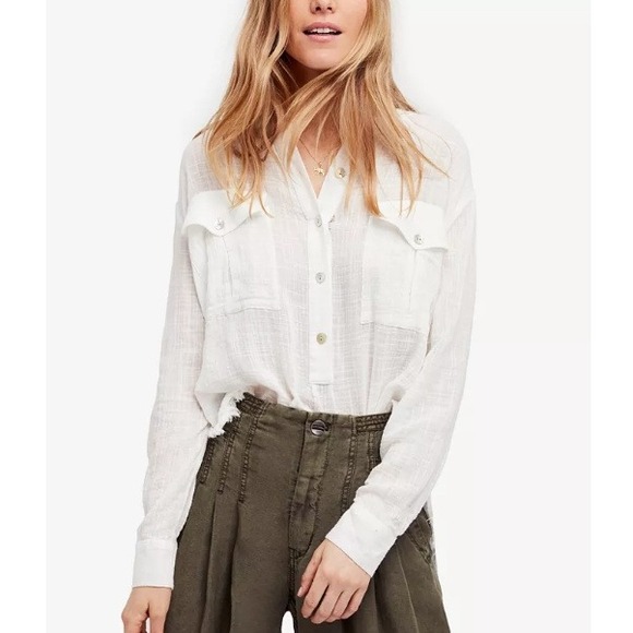 Free People White Tunic Top Button Down Long Sleeve Frayed Hem‎ Boho Chic Small - Picture 1 of 5